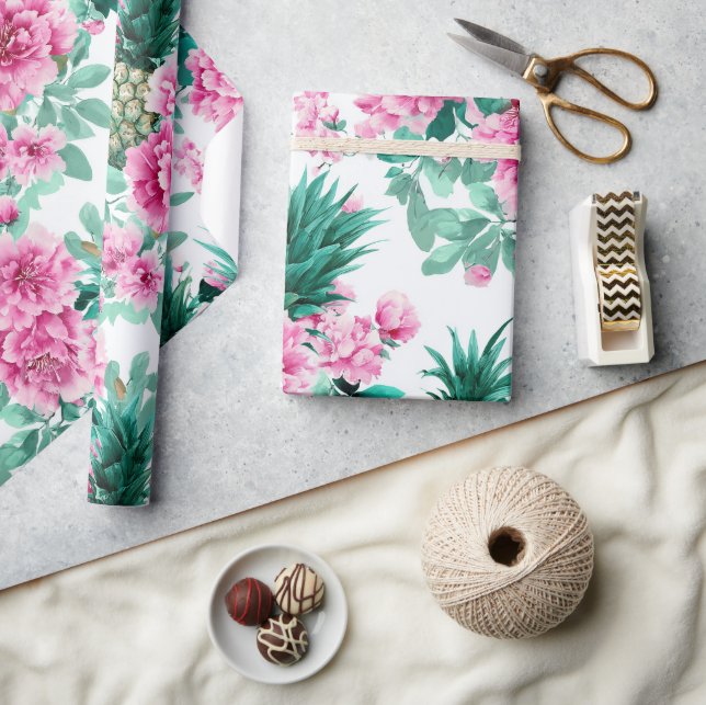 Papel De Presente Padrão de Abacaxis Florais em Aquarela Rosa Verde (Artesanato)