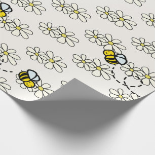 Papel De Presente Padrão de Abelha Melífera Amarela e Margarida Bran