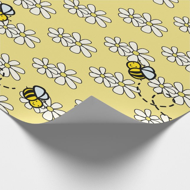 Papel De Presente Padrão de Abelha Melífera Amarela e Margarida Bran (Ponta)