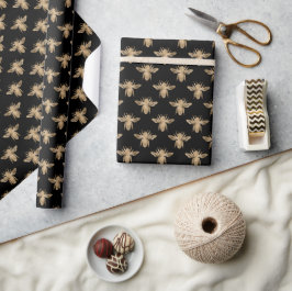 Papel De Presente Padrão de Abelha Preto e Dourado