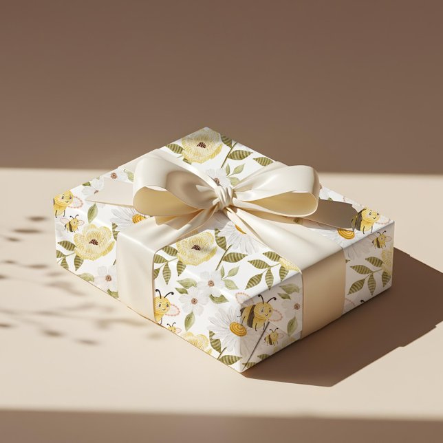 Papel De Presente Padrão de Abelhas de Mel Mel Mel Mingado Floral de (Cute Watercolor Floral Knitted Honey Bee Pattern Wrapping Paper)