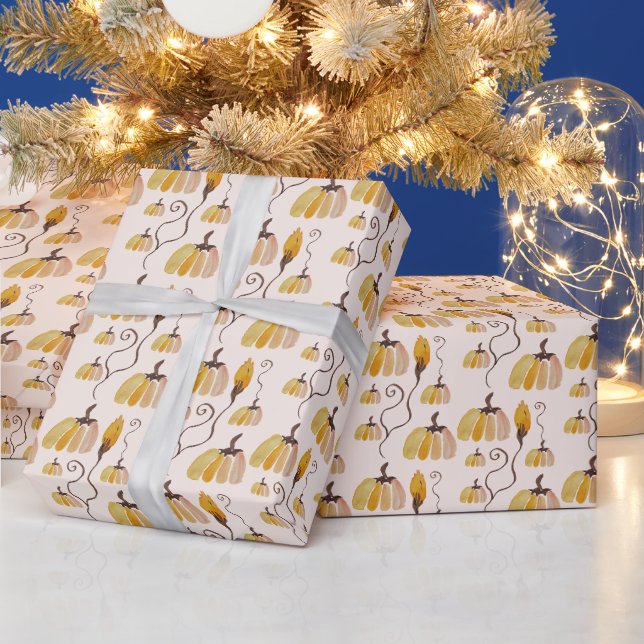 Papel De Presente Padrão de Abóbora com Aquarela Boho em Laranja Beg (Feriados)