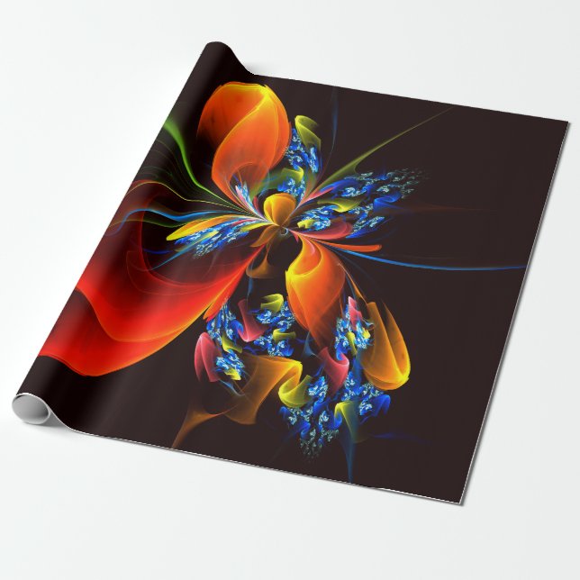 Papel De Presente Padrão de Abstrato de Arte Floral Azul Laranja Mod (Desenrolado)