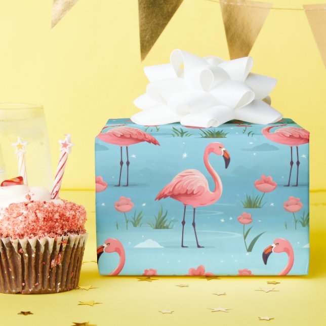Papel De Presente Padrão de Água Azul Flamingo (Festa de aniversário)
