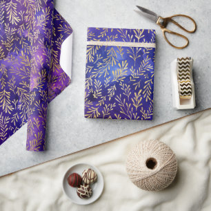 Papel De Presente Padrão de água-forte roxo com folhas de ouro