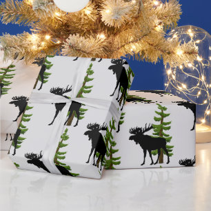 Papel De Presente Padrão de Alce e Pinheiro no Estilo Cabana