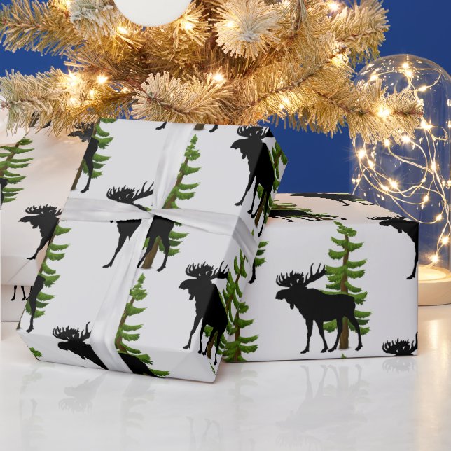 Papel De Presente Padrão de Alce e Pinheiro no Estilo Cabana (Feriados)