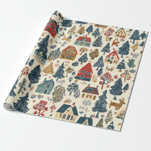 Papel De Presente Padrão de Aldeia de Natal Navy Red Woodland