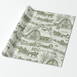 Papel De Presente Padrão de Aldeia de Natal Vintage Toile Verde (4)