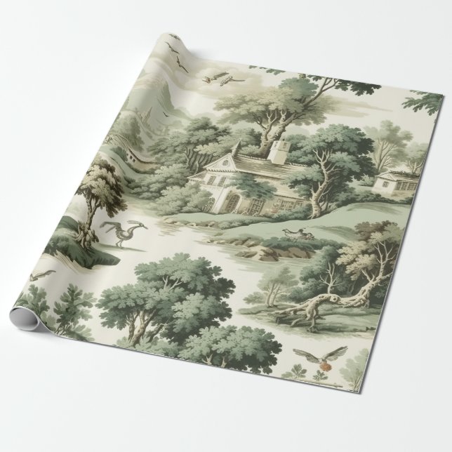 Papel De Presente Padrão de Aldeia Toile Verde de Fazenda Francesa (Desenrolado)