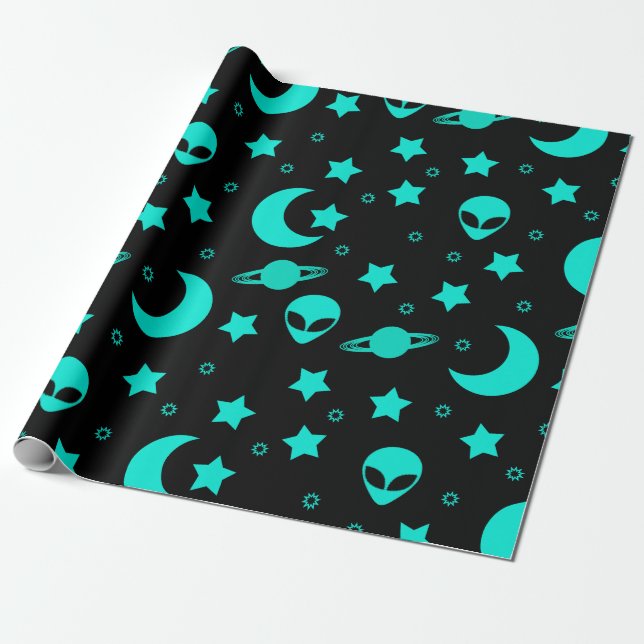 Papel De Presente Padrão de Alien Turquesa com Estrelas e Luas (Desenrolado)