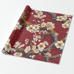 Papel De Presente Padrão de ameixa japonesa em coral creme e burgund