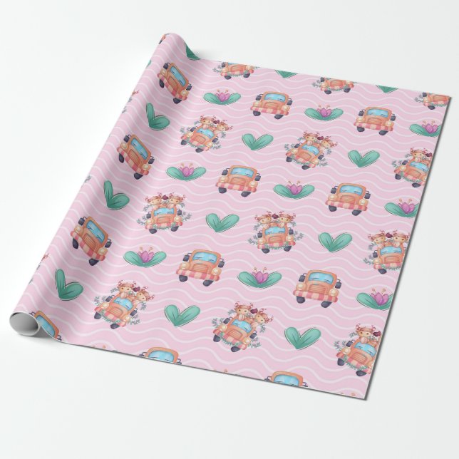 Papel De Presente Padrão de Amigos de Vaca primavera (Desenrolado)