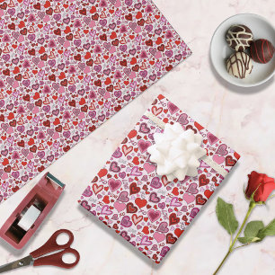 Papel De Presente Padrão de Amor com Corações Rosados Vermelhos Fofo