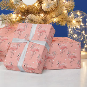 Papel De Presente Padrão de Amor de Flamingo no Dia dos Namorados