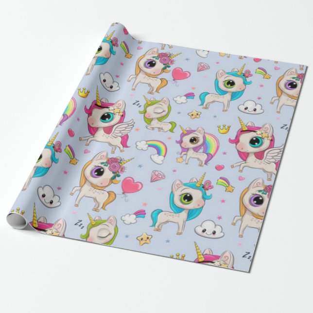Papel De Presente Padrão de Amor de Unicórnio (Desenrolado)
