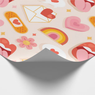 Papel De Presente Padrão de Amor Fofo e Groovy Retro com Corações