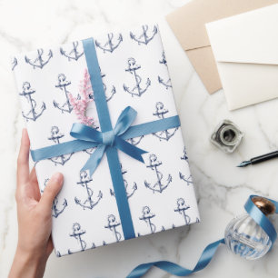 Papel De Presente Padrão de Âncora Desenhada em Branco Náutico e Azu
