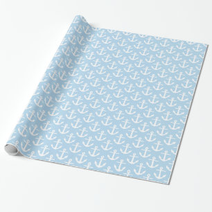 Papel De Presente Padrão de Âncoras Náuticas Azul Claro Branco