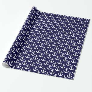 Papel De Presente Padrão de âncoras náuticas branco e azul marinho e