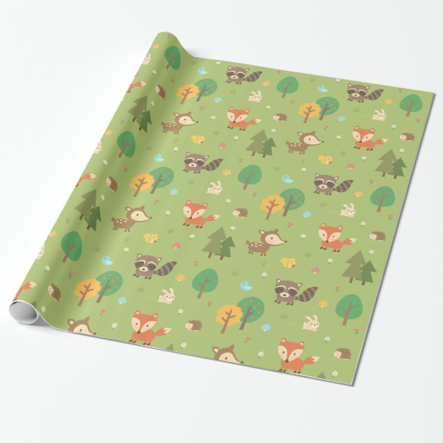 Papel De Presente Padrão de Animais da Floresta Adoráveis para Crian (Desenrolado)