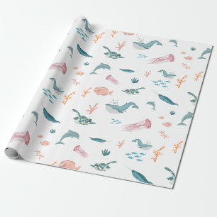 Papel De Presente Padrão de Animais do Mar do Oceano de Aquarela