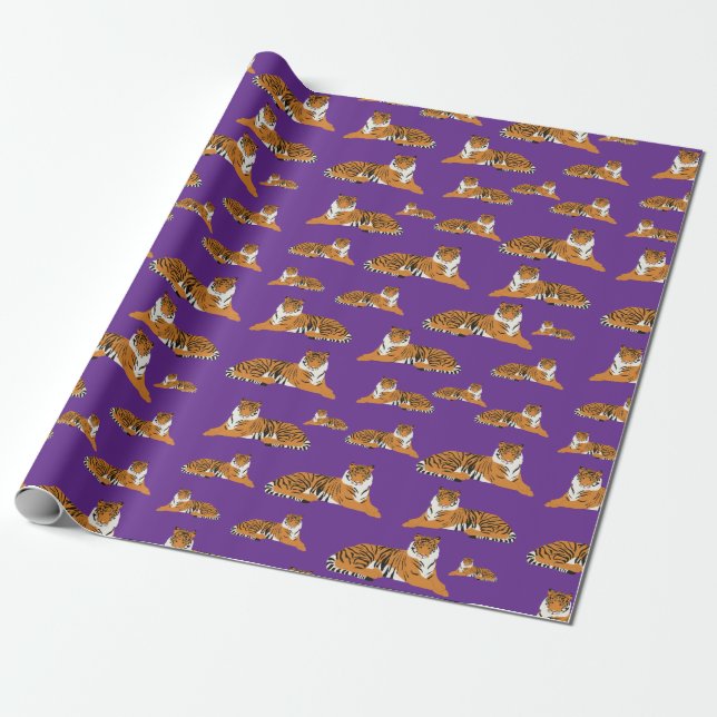 Papel De Presente Padrão de Animal Tigre da Selva Laranja Roxa (Desenrolado)