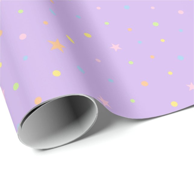 Papel De Presente Padrão de Aniversário com Confetes Pastel em Roxo (Ponta do rolo)