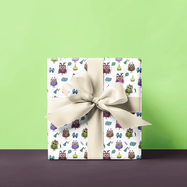 Papel De Presente Padrão de Aniversário da Coruja Fresca | Branco (Criador carregado)