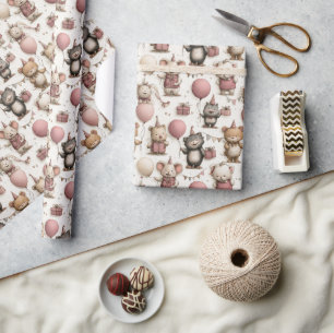 Papel De Presente Padrão de Aniversário de Animal Fofo – Balões Rosa