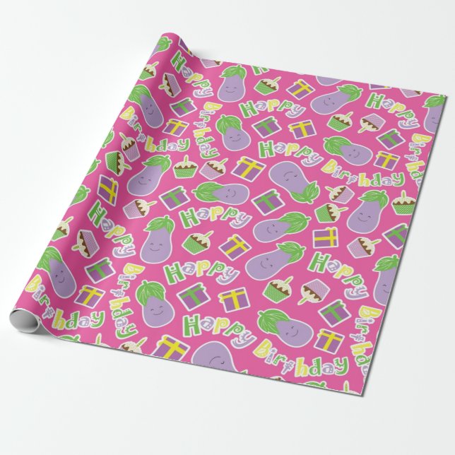 Papel De Presente Padrão de Aniversário de Berinjela (Desenrolado)