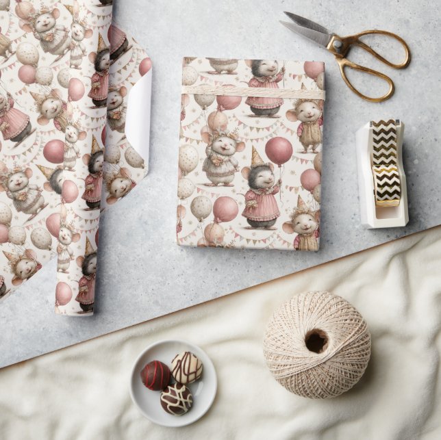 Papel De Presente Padrão de Aniversário de Ratinho Adorável, Rosa e  (Artesanato)