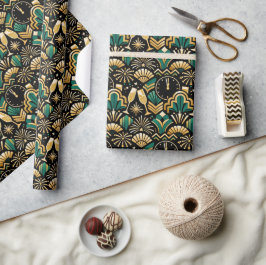 Papel De Presente Padrão de Ano Novo à Meia-Noite Esmeralda Art Déco