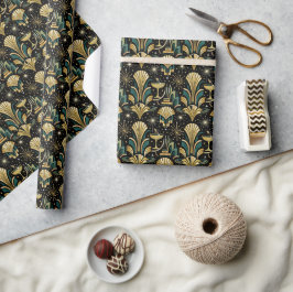 Papel De Presente Padrão de Ano Novo com Silhueta Dourada Art Déco