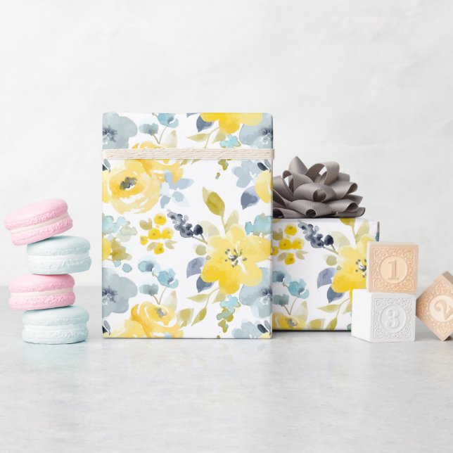Papel De Presente Padrão de Aquarela Amarelo e Azul (Chá de bebê)