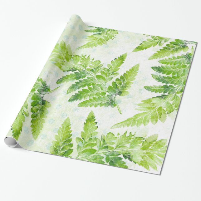Papel De Presente Padrão de aquarela botânica de samambaia verde ado (Desenrolado)