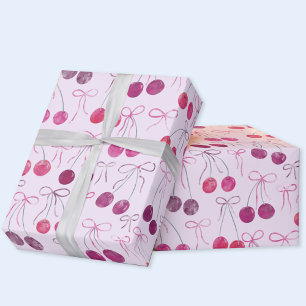 Papel De Presente Padrão de Aquarela Cerejas Fitas e Laços