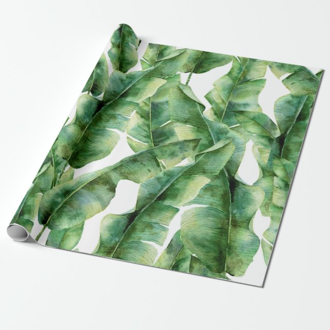 Papel De Presente Padrão de aquarela com folhas de palma de banana.  (Desenrolado)