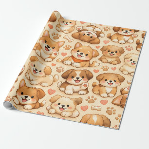 Papel De Presente Padrão de aquarela Corações de Cachorrinho Fofo (2