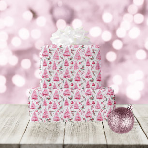 Papel De Presente Padrão de Aquarela da Árvore de Natal Rosa