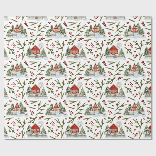 Papel De Presente Padrão de Aquarela da Casa de Natal (Aberto)