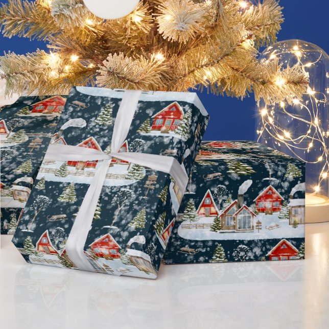 Papel De Presente Padrão de Aquarela da Casa de Natal (Feriados)