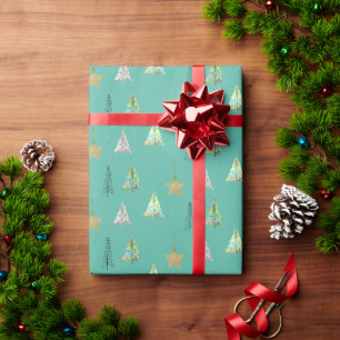 Papel De Presente Padrão de Aquarela de Árvore de Natal Turquesa