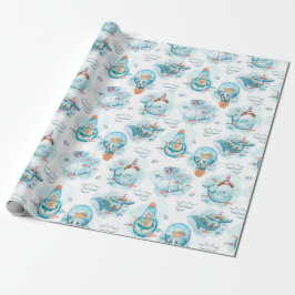 Papel De Presente Padrão de aquarela de baleias náuticas fofas