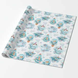 Papel De Presente Padrão de aquarela de baleias náuticas fofas
