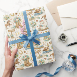 Papel De Presente Padrão de Aquarela de Casamento de Cowboy do Oeste