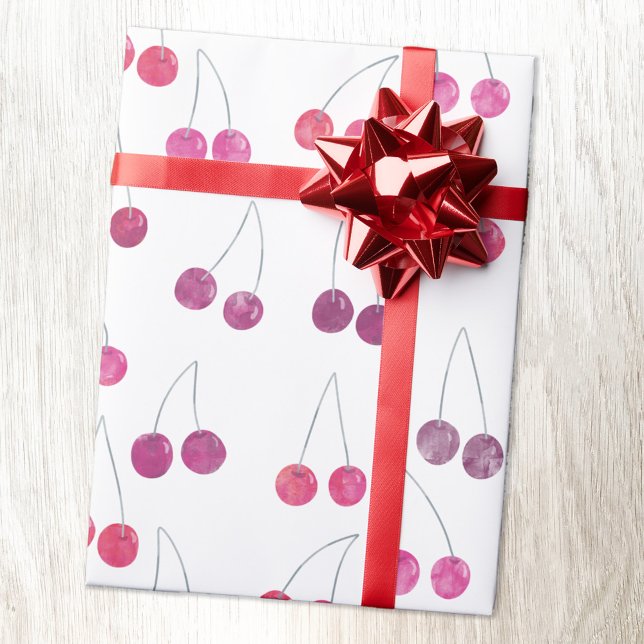 Papel De Presente Padrão de Aquarela de Cereja (Watercolor cherries pattern gift wrapping paper roll)