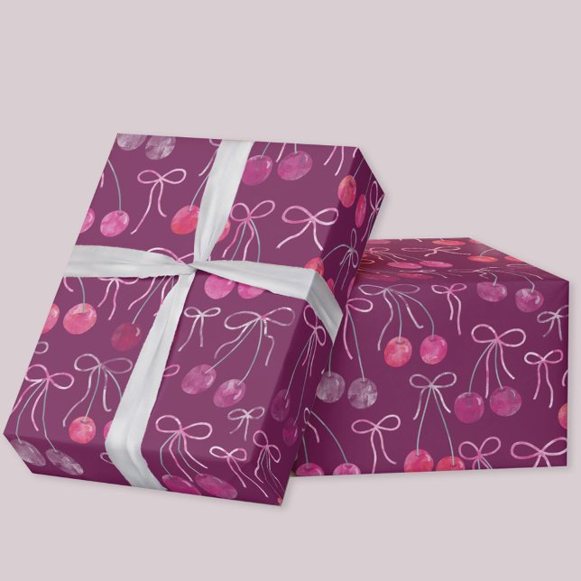 Papel De Presente Padrão de Aquarela de Cerejas com Fitas e Laços (Cherries, ribbons and bows gift wrapping paper roll)