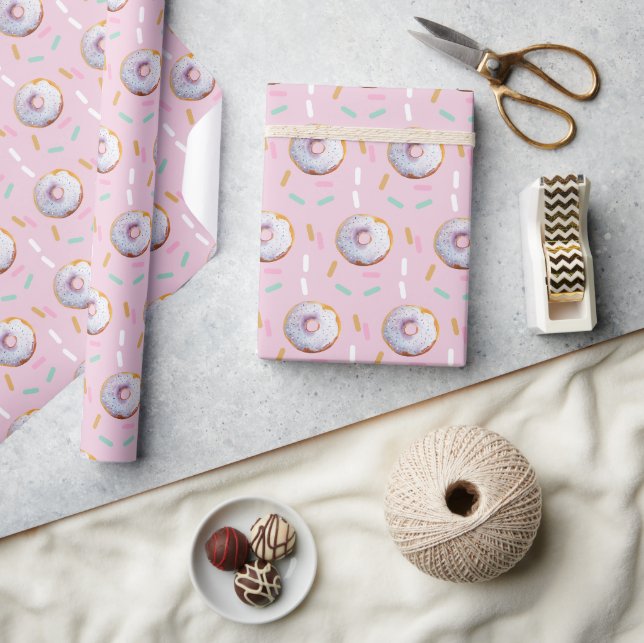 Papel De Presente Padrão de Aquarela de Donut com Confeitos Fofos (Artesanato)
