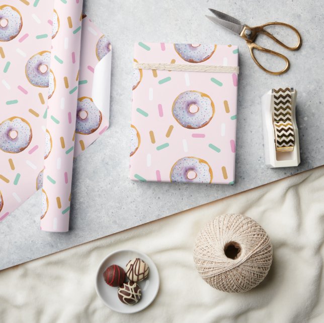 Papel De Presente Padrão de Aquarela de Donut com Confeitos Fofos (Artesanato)